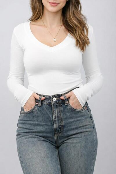 Modaikon likralı kumaş fitilli v yaka bluz