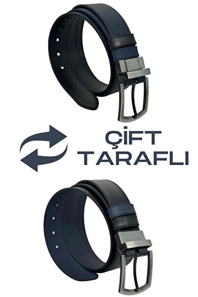 S.S SÜZER DERİ Navy Blue / Black Double-Sided Faux Leather 4 Cm. Wide Swivel Buckle Sports Men's Belt // 7110-47