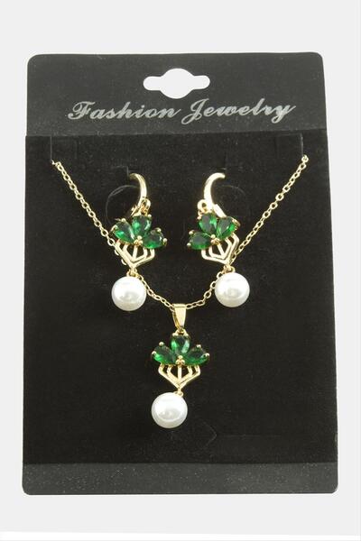 ZERO LAND 1610749749 حجر زركون لؤلؤي على شكل زهرة (214907) طقم قلادة-أخضر