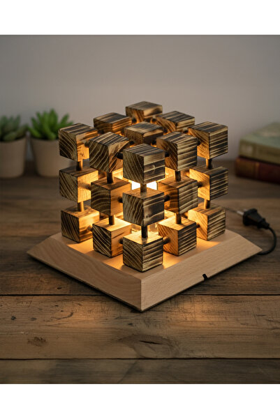 Forlife مصباح طاولة مكعب خشبي من فور لايف – مصباح إضاءة محيطية ريفي مصنوع يدويًا بتصميم هندسي