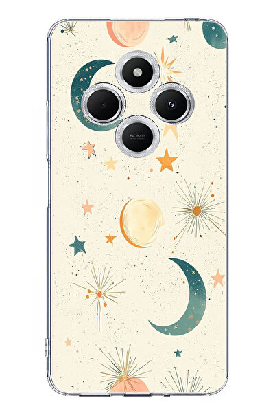 TechTree حافظة سيليكون متوافقة مع Redmi 14C ذات خلفية كريمية وقمر ونجمة مطبوع