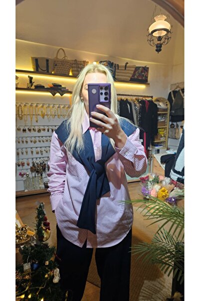 Hilals Butik Oversıze Şal Yaka Detaylı Ekose Desenli Basic Gömlek