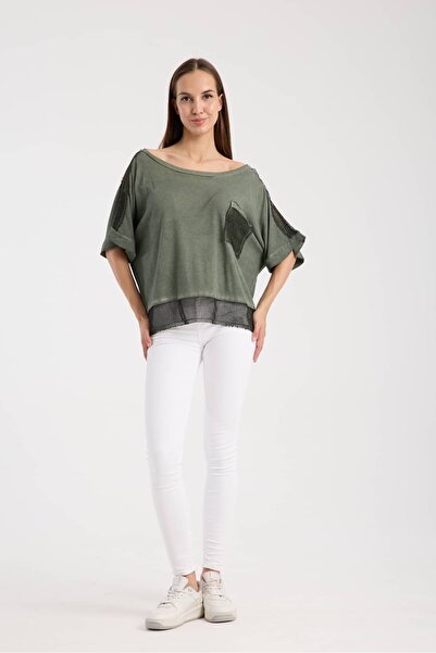 Vita Fortuna Kadın File Detaylı Cep Tasarımlı Geniş Kalıp Kısa Kollu Bluz