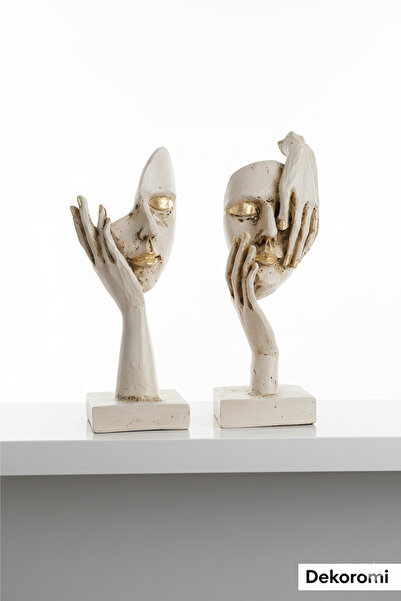 Dekoromi Dekoratif 2'li Kadın Yüzü Maske Heykeli (26x11cm) Altın Eskitmeli