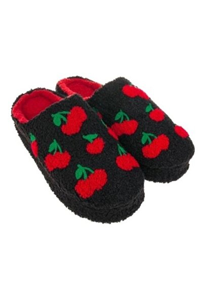 OEM Women's winter slippers, cherry pattern, black/red, 39-40, faux fur, 3cm double sole