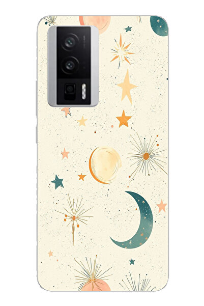 TechTree حافظة سيليكون متوافقة مع POCO F5 PRO ذات خلفية كريمية وقمر ونجمة مطبوع