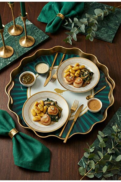 Yavuzhan Metal Gold Çerçeveli Akrilik Yeşil Desenli Sunum Tepsisi (40 cm(