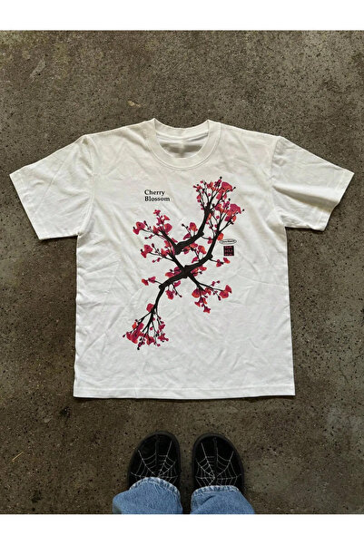kahire TRICOU UNISEX ALB SUPRADimensionat CU IMPRIMARE ARBORELE SAKURA