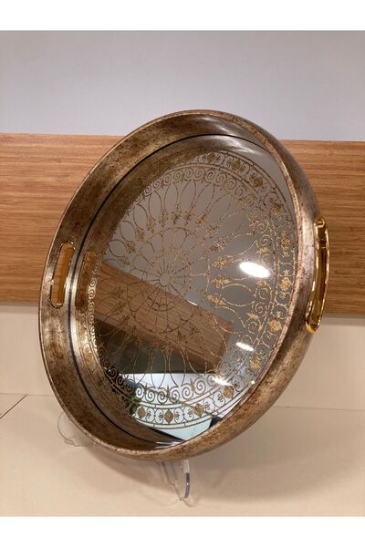 PLUS HOME TEPSİ AHŞAP VE CAM DETAYLI KENDİNDEN DESENLİ YUVARLAL DÜZ MODEL REN...