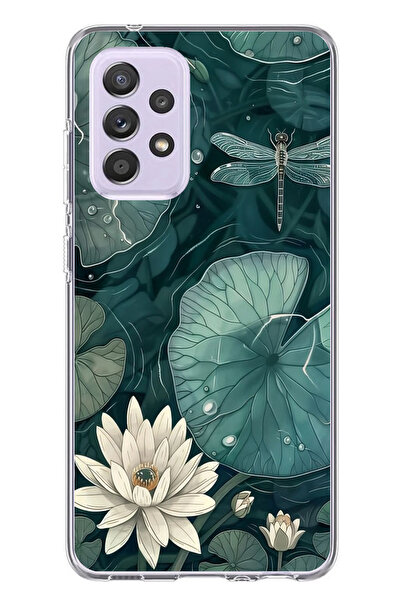 TechTree حافظة سيليكون متوافقة مع هاتف سامسونج جالاكسي A72 باللون الأخضر على شكل زهرة اللوتس واليافوت مطبوع