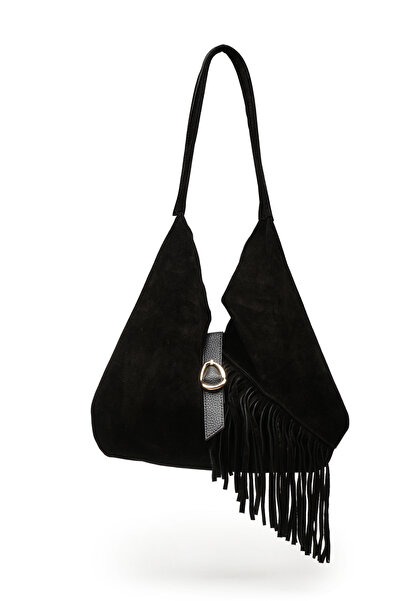 LOTUSVİE Black Suede Tassel Detailed Genuine Leather Shoulder Bag