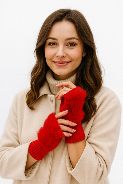 FRESCO SCARFS Fresco Scarrfs Red Knitwear Furry Fingerless Women's Plush Gloves