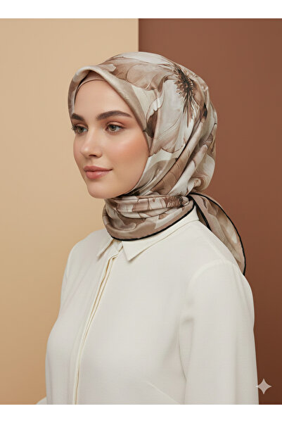 Arel Eşarp Tekstil مادام بولو - وشاح ناعم بيج - بني، 90×90 سم، قماش قطني بنقش...