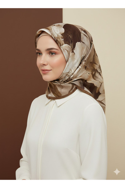 Arel Eşarp Tekstil Madame Polo Brown Soft Scarf 90X90 Cotton Fabric Floral Pa...