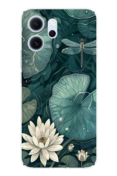 TechTree حافظة سيليكون متوافقة مع هاتف OPPO Reno 14F على شكل زهرة اللوتس والضفدع مطبوع