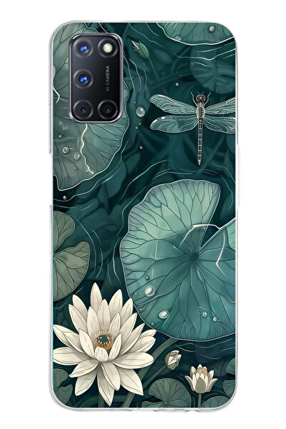 TechTree حافظة سيليكون متوافقة مع OPPO A52-A72-92 على شكل زهرة اللوتس واليراعات الخضراء مطبوع