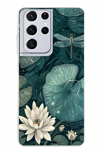 TechTree حافظة سيليكون متوافقة مع هاتف سامسونج جالاكسي S21 ULTRA باللون الأخضر على شكل زهرة اللوتس واليعسوب مطبوع