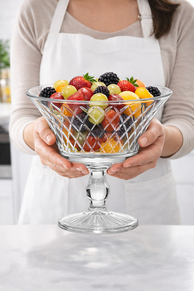 NimaWare Ayaklı Şeffaf Cam Sunum Kasesi 900 ml | Büyük Boy Meyve ve Salata Ka...