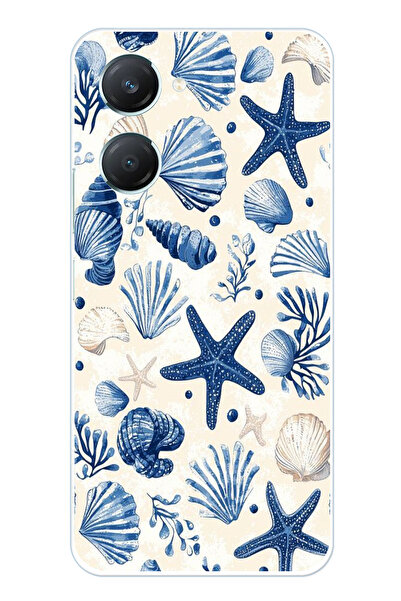 TechTree حافظة سيليكون مطبوع متوافقة مع Vivo Y18 بنمط صدفة البحر الزرقاء والنجمة