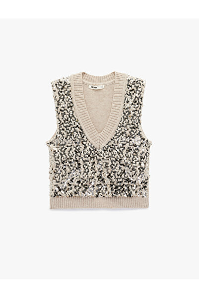 Koton V-Neck Knitwear Sequined Sweater