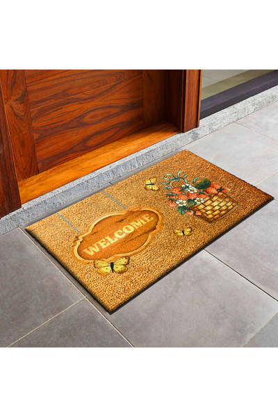 VibeHome "WELCOME" Yazılı Çiçek & Kelebek Desenli 65x45 Kapı Önü Kilimi - Yık...