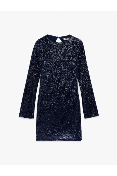 Koton Slim Fit Uzun Kollu Yuvarlak Yaka Sırt Dekolteli Pullu Payetli Mini Elbise