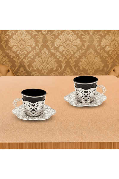 AcarHediyelik İki kişilik Türk kahvesi takımı , 2 altın kaplama porselen fincan, gümüş siyah