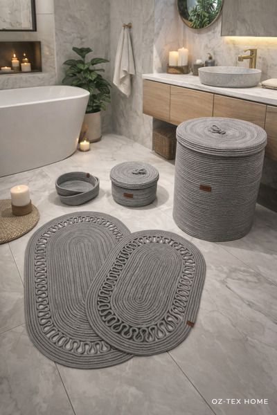 Öz-Tex Home Jute Wicker Bathroom set, 40 x 45 laundry basket, Bath mat, vanit...