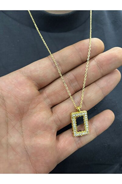 şinda takı İnce Zincirli Kolye Külçe Gram Altın Uyumlu Çerçeve Zirkon Kolye