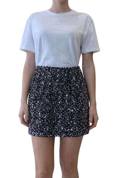 Qualia Butik Women's Beaded Sequined Glitter Mini Skirt