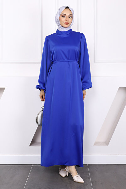 İmajButik Cobalt Blue Judge Collar Balloon Sleeve Satin Evening Dress