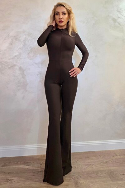 FashionForYou NALY flared jumpsuit, with zipper and tunic collar, BROWN