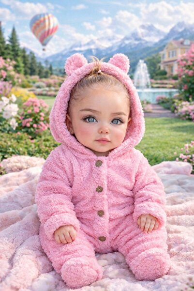 EFTAL Kız Bebek Peluş Ayıcıklı Kapüşonlu Tulum – Yumuşak Dokulu, Sıcak Tutan