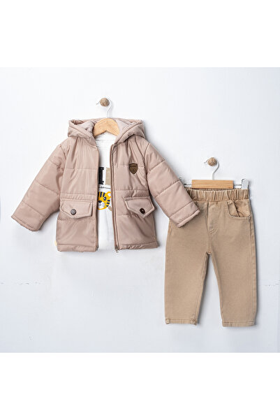 ŞİNDAX Bebek Erkek 3’lü Kışlık Takım – Kapüşonlu Şişme Mont + Baskılı Sweatsh...