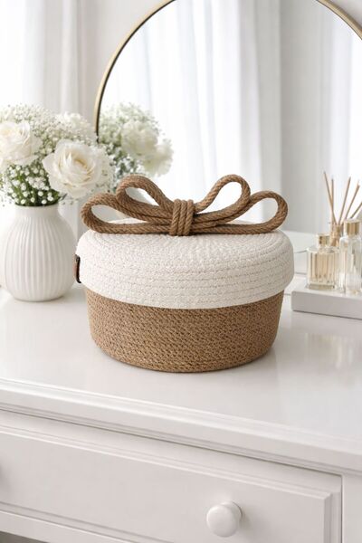 NuaCraft Wicker Basket with Lid - Bohemian Decorative Organizing Box with Bow...