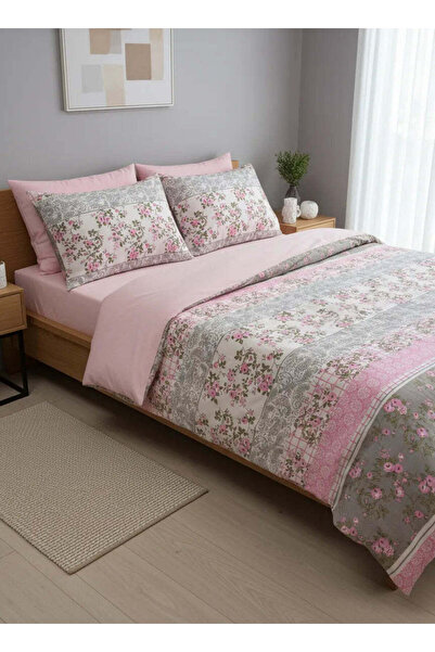 DEMOTEKS Set lenjerie de pat dublu, bumbac satinat, 2 persoane, imprimeu cu flori roz de pădure, 4 piese