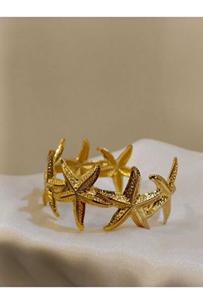 DuRu LiNe Gold Deniz Yıldızı Detaylı Çelik Kelepçe