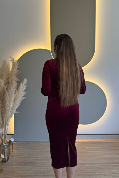 Aventien Draped Slit Velvet Burgundy Midi Dress