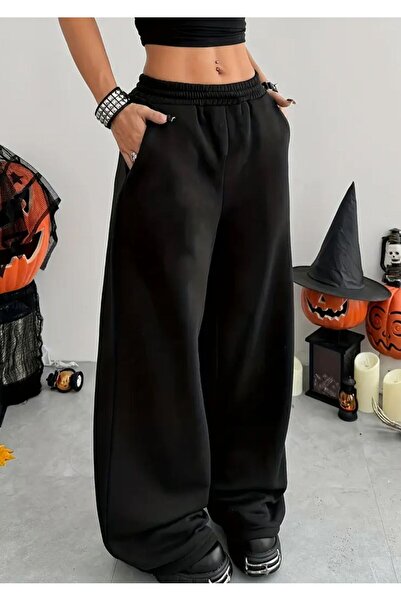 Le Vion KIŞLIK İÇİ ŞARDONLU Siyah Kadın Bol Paça Eşofman Altı Esnek Rahat Bol...