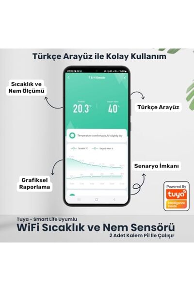 BRF tugba WiFi Sıcaklık ve Nem Sensörü (, Smart Life Uyumlu) 022 1221836