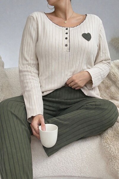 FORVENS طقم بيجامة قطنية مطرزة بتفاصيل قلب بمقاس كبير