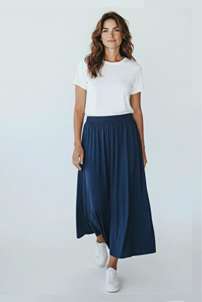 Betimoda Women's Modal Fabric Elastic Waist Midi Skirt Navy Blue