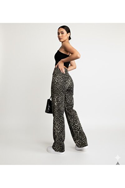 Dumy High Waist Leopard Print Double Crepe Fabric Wide Leg Pants