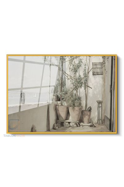 Çerçeveli Yatay Cam Tablo Salon Duvar Tablosu Yatay Cam Vintagebalkonmanzarasi Ofis Tablosu