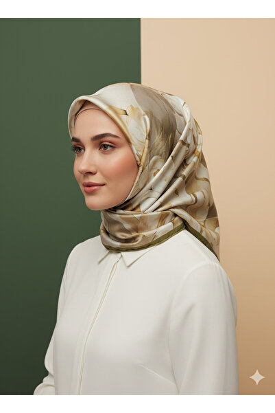 Arel Eşarp Tekstil Madame Polo Soft Oil Green Scarf 90X90 Cotton Fabric Flora...