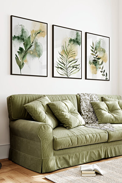 kutuTR Siyah Çerçeveli 2D UV Baskı 3’lü MDF Tablo Set – Yeşil Yaprak ve Sulub...