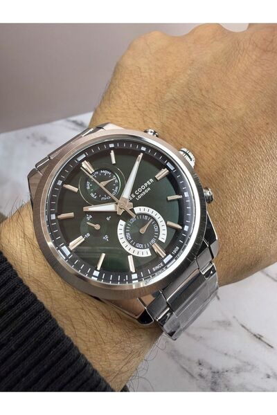 Lee Cooper ساعة يد رجالية |   علبة فولاذية مقاس 45 ملم، قرص أخضر، متعددة الوظائف