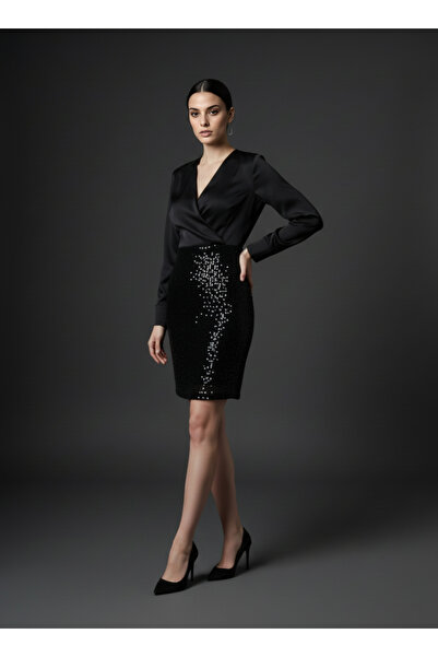 zaden Kadın Siyah Payet Detaylı Kruvaze Yaka Mini Elbise