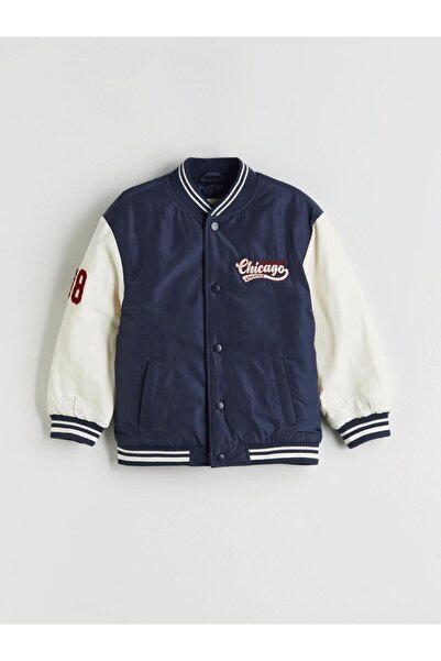 LC Waikiki Lcw Kids Navy Blue Chicago Embroidered Boys' College Jacket