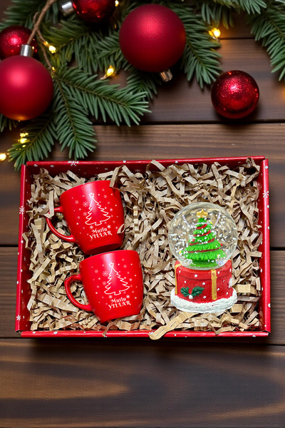 Zemtigo Mutlu Yıllar Kahve Fincan Takımı Ve Mini Boy Noel Kar Küresi Kutulu Yılbaşı Hediye Seti 2